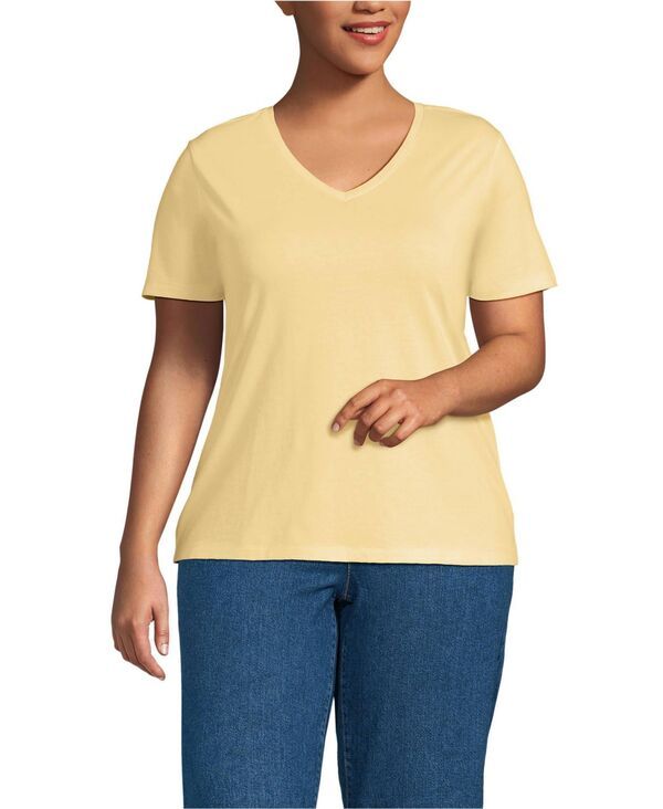 【送料無料】 ランズエンド レディース Tシャツ トップス Plus Size Supima Cotton VNeck TShirt Pale sunbeam yellow