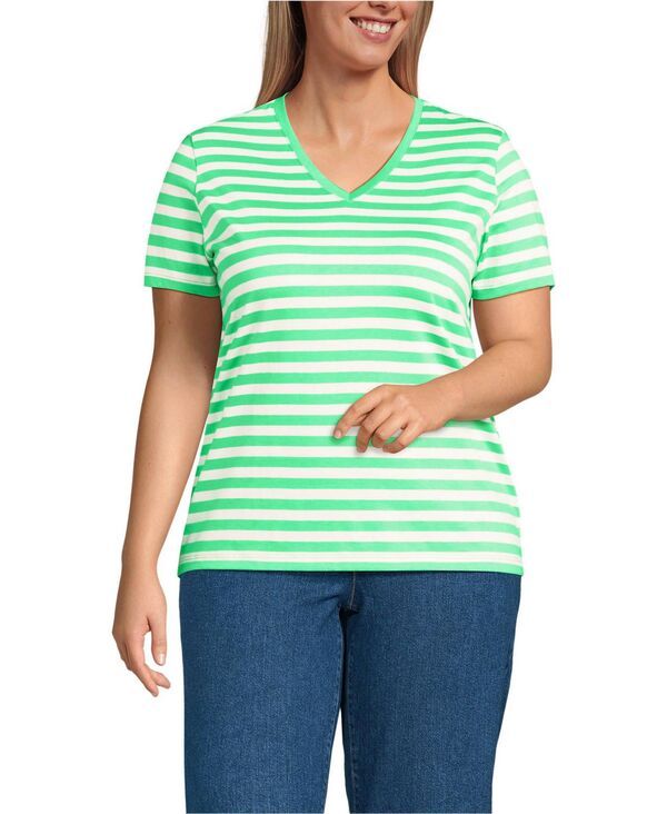 【送料無料】 ランズエンド レディース Tシャツ トップス Plus Size Supima Cotton VNeck TShirt Crisp mint even stripe