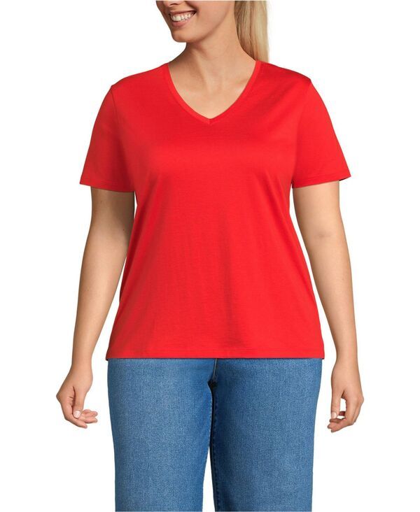 【送料無料】 ランズエンド レディース Tシャツ トップス Plus Size Supima Cotton VNeck TShirt Coral red
