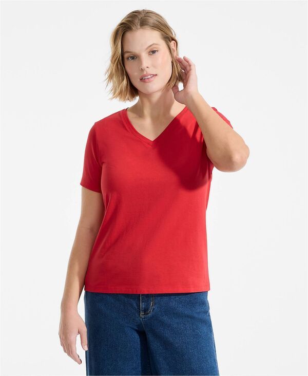 【送料無料】 ランズエンド レディース Tシャツ トップス Plus Size Supima Cotton VNeck TShirt Compass red