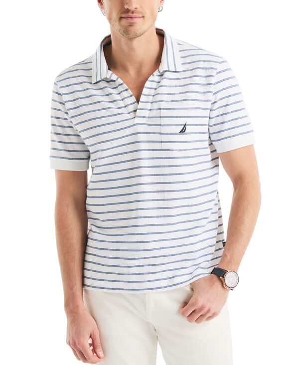 【送料無料】 ナウティカ メンズ ポロシャツ トップス Mens ClassicFit Stripe Seersucker Johnny Collar Pocket Polo Shirt Bright White