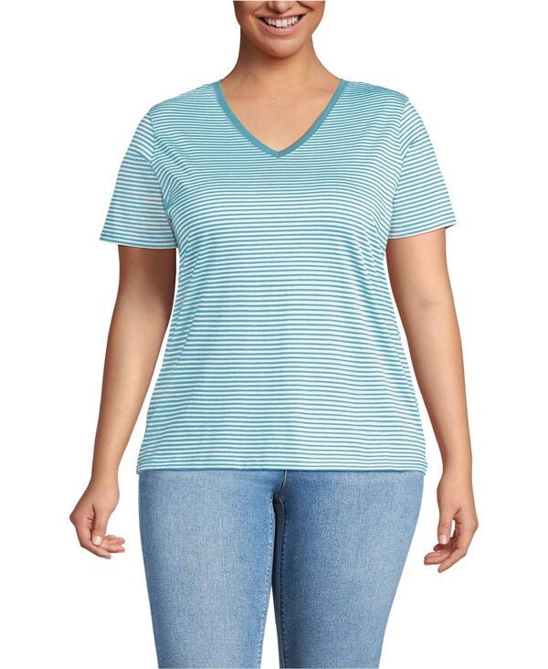 【送料無料】 ランズエンド レディース シャツ トップス Plus Size Supima Cotton VNeck TShirt Bright aqua micro stripe