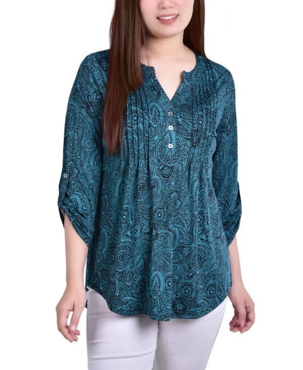 【送料無料】 ニューヨークコレクション レディース シャツ トップス Womens Knit Jacquard 34 Sleeve Roll Tab Top Teal Whisper