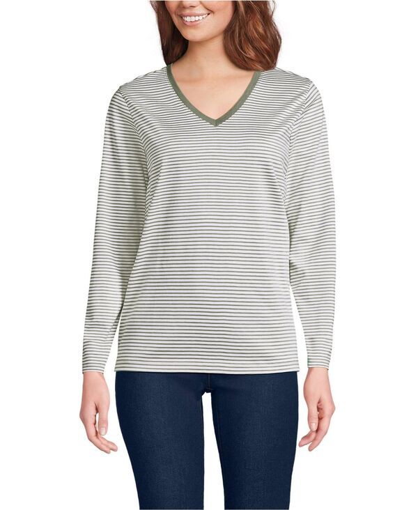 【送料無料】 ランズエンド レディース シャツ トップス Womens Supima Cotton Long Sleeve VNeck TShirt Sage micro stripe