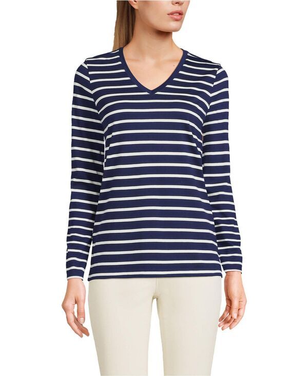 【送料無料】 ランズエンド レディース シャツ トップス Womens Relaxed Supima Cotton Long Sleeve VNeck TShirt Deep sea navy breton stripe