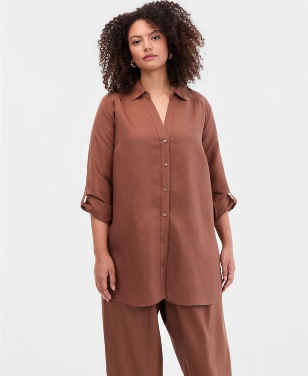 【送料無料】 アイエヌシー インターナショナル コンセプト レディース シャツ トップス Plus Size LinenBlend Tunic Exclusively at Macys Copper Moon