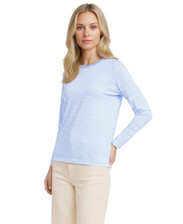 【送料無料】 ランズエンド レディース シャツ トップス Womens Tall Relaxed Supima Cotton Long Sleeve Crew Neck TShirt Light sea blue micro stripe
