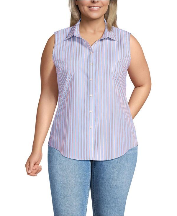 【送料無料】 ランズエンド レディース シャツ トップス Plus Size No Iron Sleeveless Shirt Light sea bluered stripe