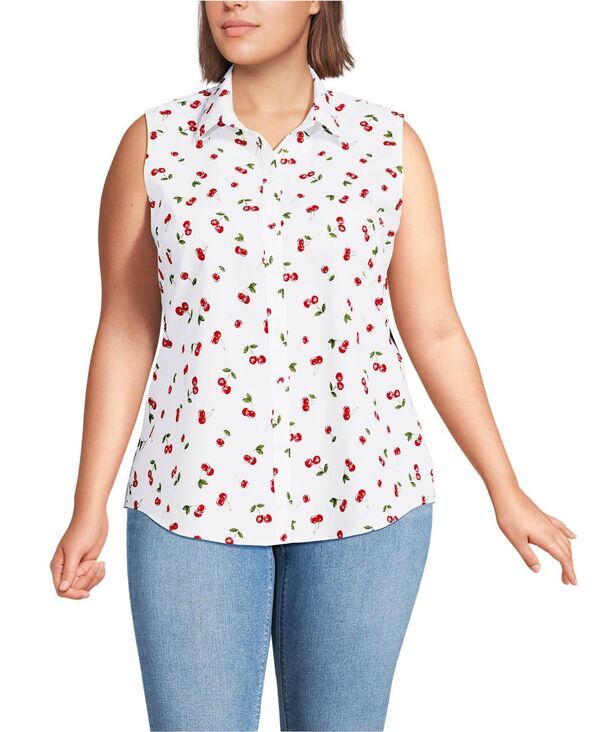 【送料無料】 ランズエンド レディース シャツ トップス Plus Size No Iron Sleeveless Shirt Cherrieswhite