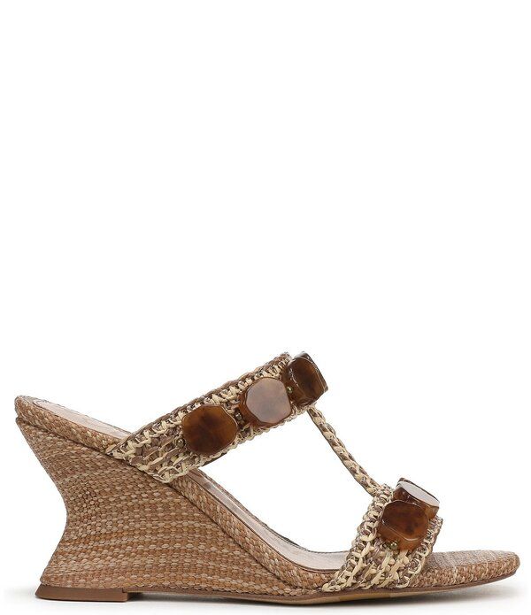 サムエデルマン レディース シューズ サンダル Sam Edelman Dante Stonembellished Raffia TStrap Wedge Slide Sandals Tawny Tan Multi タン