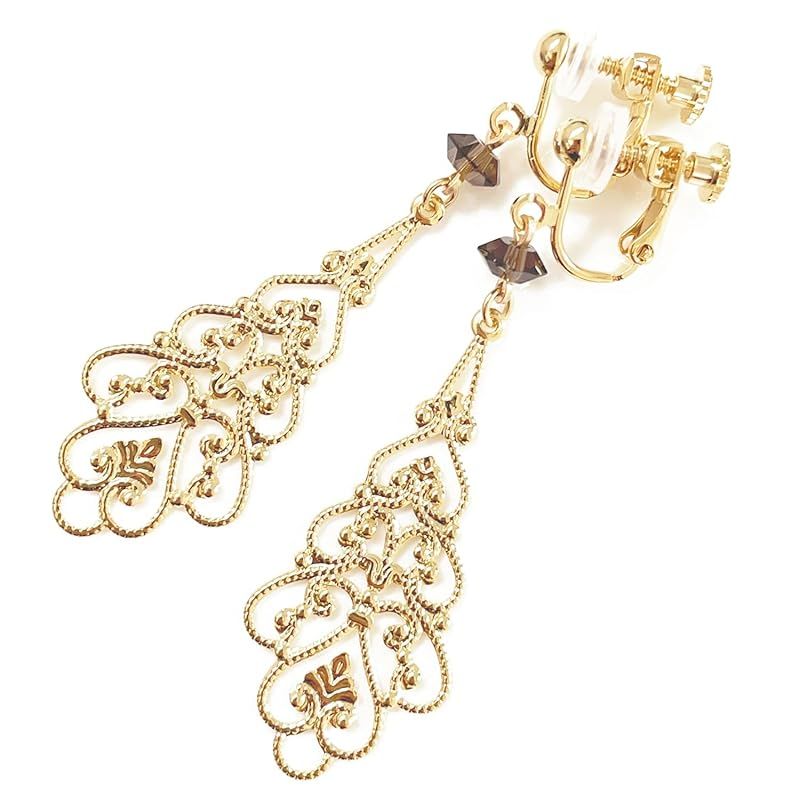 【新品】 【Accessories Salt】スモーキークォーツ ゴールド 透かし 揺れる イヤリング 大ぶり レディース 金属アレルギー対応 0