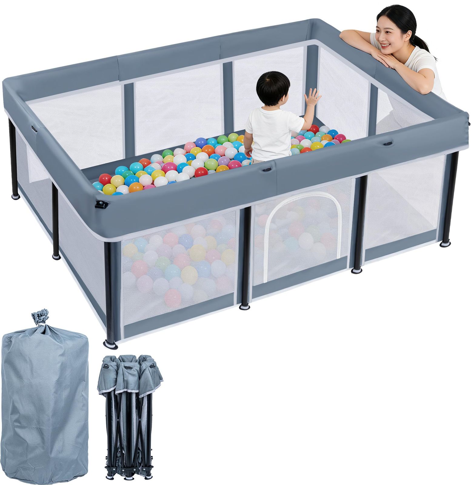 BQKOZFIN ベビーサークル 120x180x65cm コンパクト 折りたたみ可能 扉付き 大型 baby playpen プレイヤード 滑り止め吸盤 メッシュタイプ 洗濯可能 子供 ペットが利用可能 収納バッグ付き 室内外対応 子供 軽量（ダークグレー）