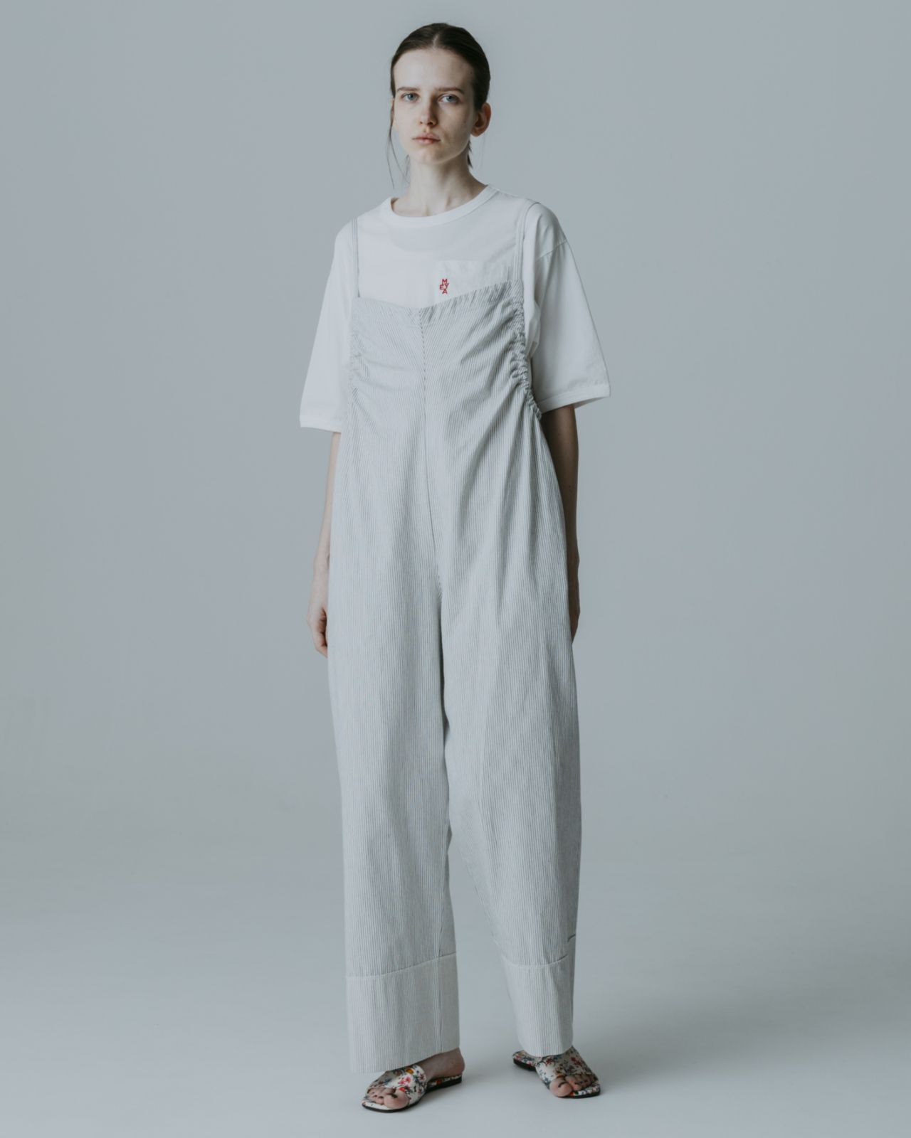 MEYAME メヤメ STRIPED GATHERED ALL-IN-ONE MEY-2413 WHITE オールインワン ストライプ