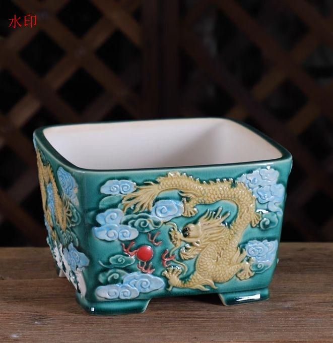 浮彫り中国竜円角四方盆 盆栽鉢 植木鉢 小品盆栽鉢 大品盆栽鉢