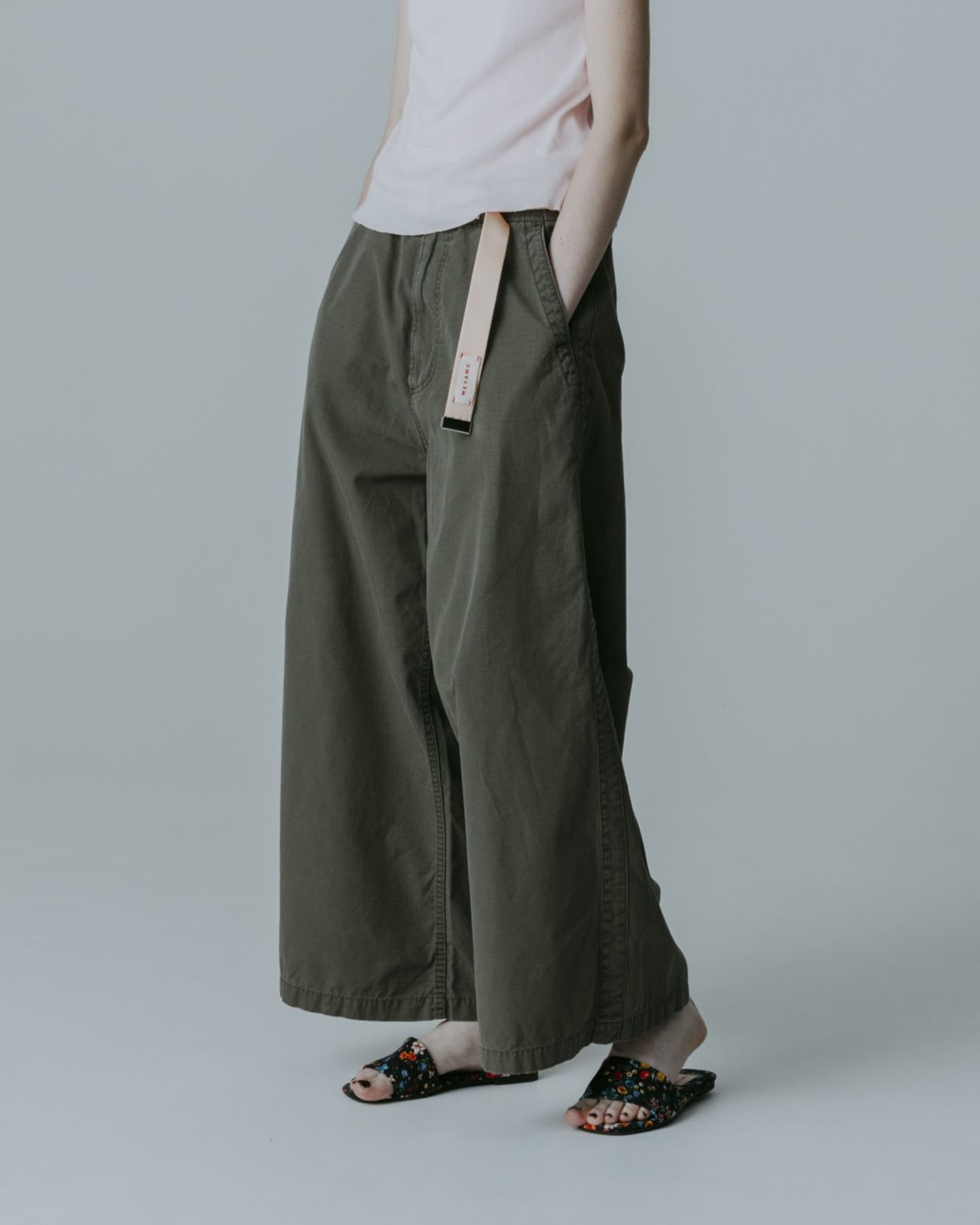 MEYAME メヤメ LIGHT RIP STOP SIDE LINE WIDE PANTS MEY-2422 OLIVE リップストップ ワイドパンツ