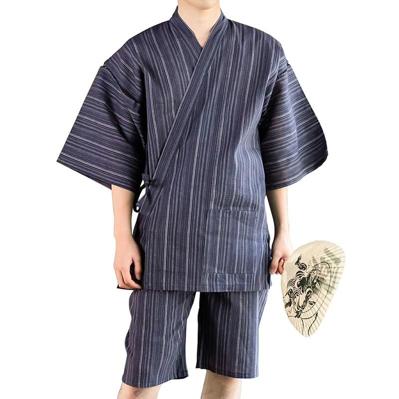 [KIMONOMACHI] [ 京都きもの町 オリジナル メンズ 甚平 紺白縞 綿麻甚平 Sサイズ 父の日 ギフト プレゼント 部屋着 ルームウェア 大きいサイズ 1