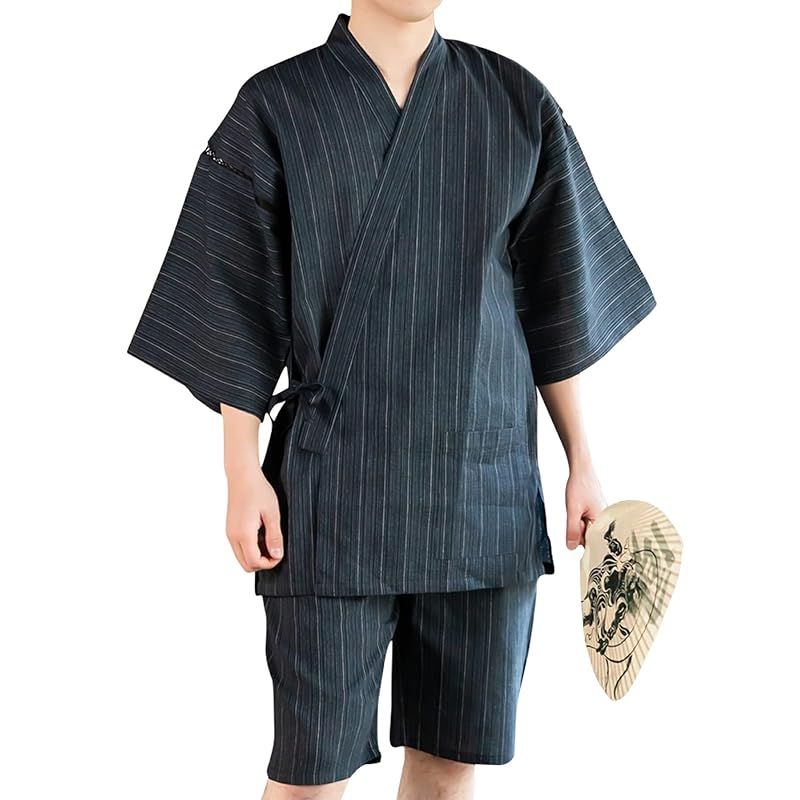 [KIMONOMACHI] [ 京都きもの町 オリジナル メンズ 甚平 黒藍縞 綿麻甚平 3Lサイズ 父の日 ギフト プレゼント 部屋着 ルームウェア 大きいサイズ 1