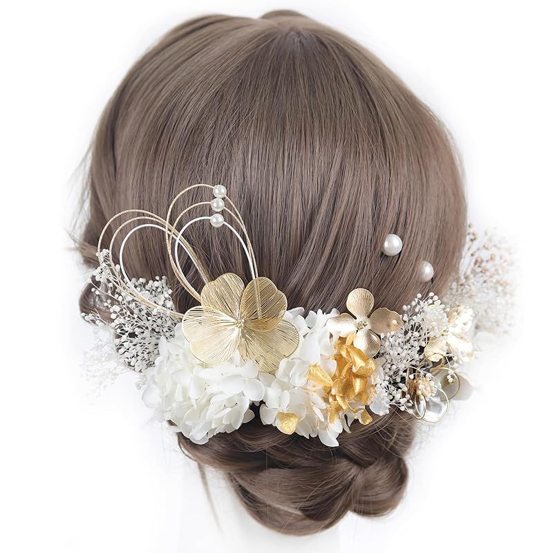 【新品】 [NANA手作り]髪飾り ゴールドフラワー 紫陽花 かすみ草 水引 成人式 結婚式 卒業式 七五三 花火大会 浴衣 夏祭り 0