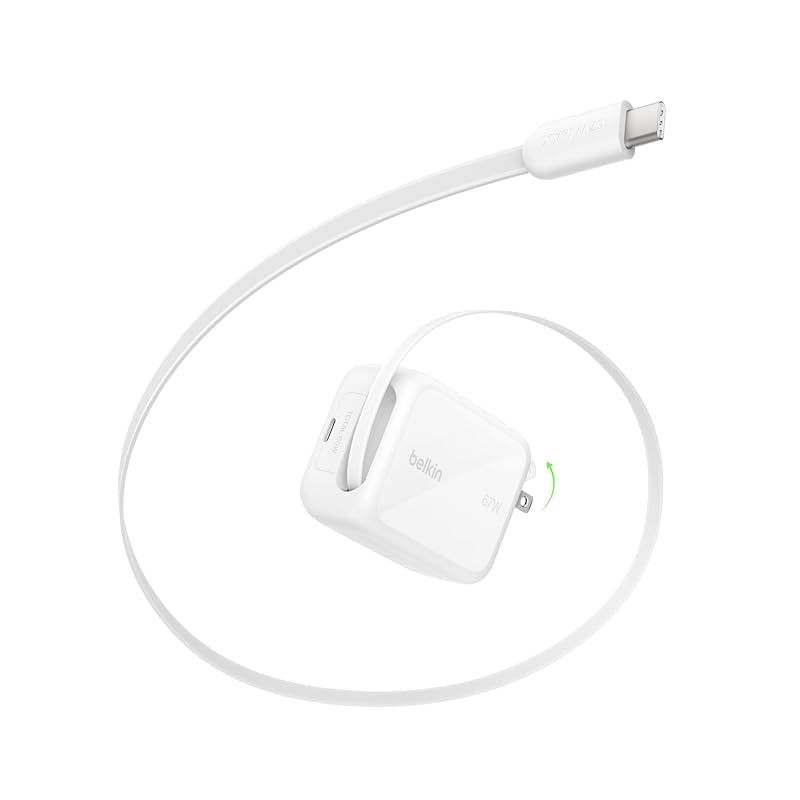【新品】 Belkin 67W USB-C 急速充電器 内蔵伸縮ケーブル（約1m）Type-C 2ポート PD3.2/PPS対応 折りたたみプラグ コンパクト充電器 iPhone 17/16/15シリーズ MacBook iPad Samsung Gala 0