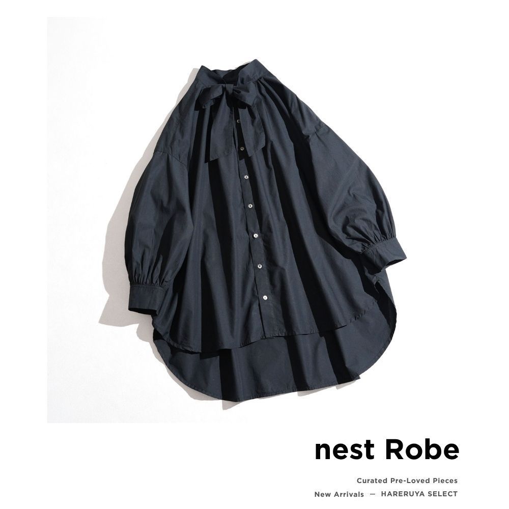 327t*美品 ネストローブ nest Robe コットンタイプライターリボンタイブラウス F ブラック
