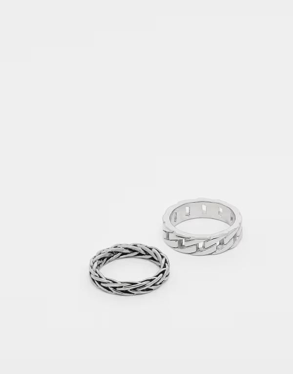 エイソス メンズ アクセサリー リング Tシャツ ASOS DESIGN waterproof stainless steel 2 pack chain and plaited band rings SILVER シルバー