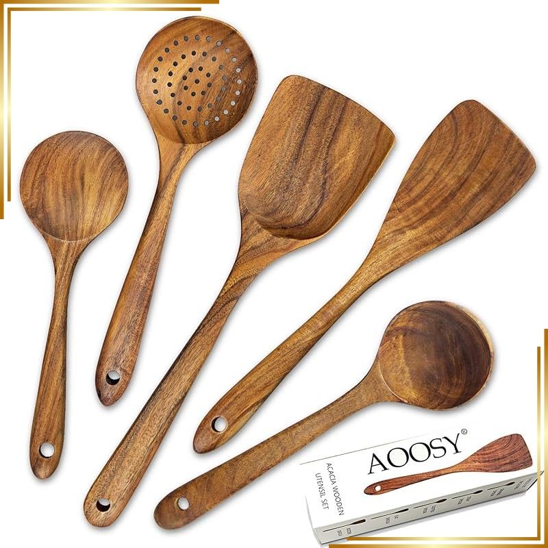 【新品】 AOOSY 天然木製 調理道具 5点セット (おたま/しゃもじ/フライ返し/ターナー/スキンマー) 無塗装 接着剤不使用 箱入り キッチンツール 1