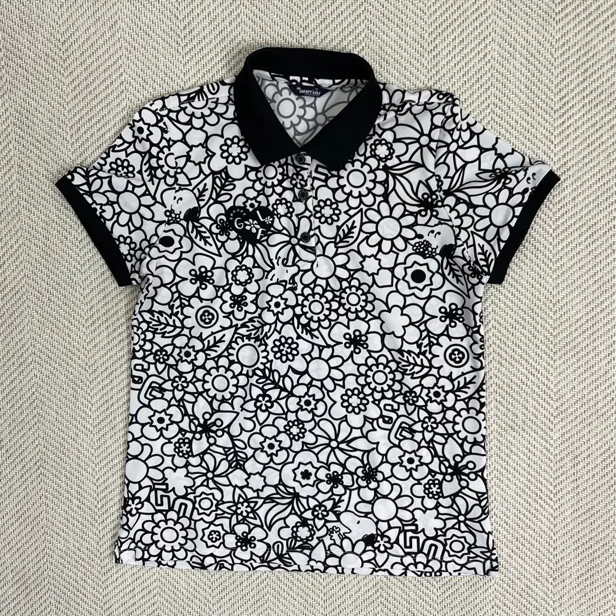 SNOOPYゴルフ フラワー 半袖 カラーTシャツ ブラック/白 95