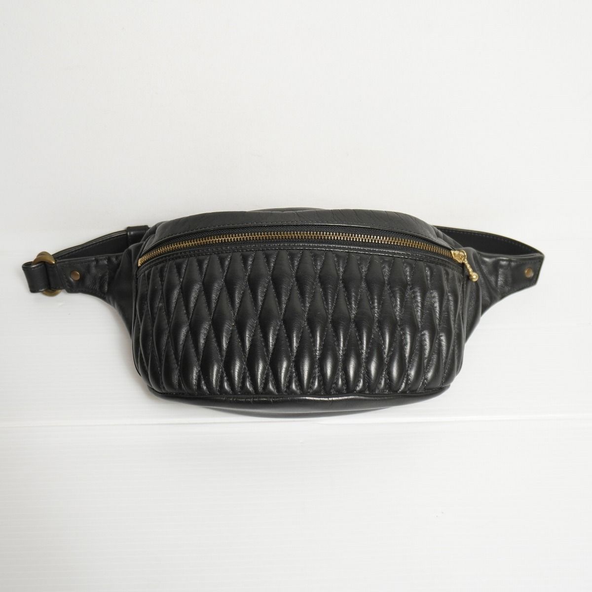 美品 BACK DROP バックドロップ Leathers DIA WAIST BAG レザー ウエスト バッグ ショルダー カバン ダイヤ キルティング ブラック黒 2514Q♪