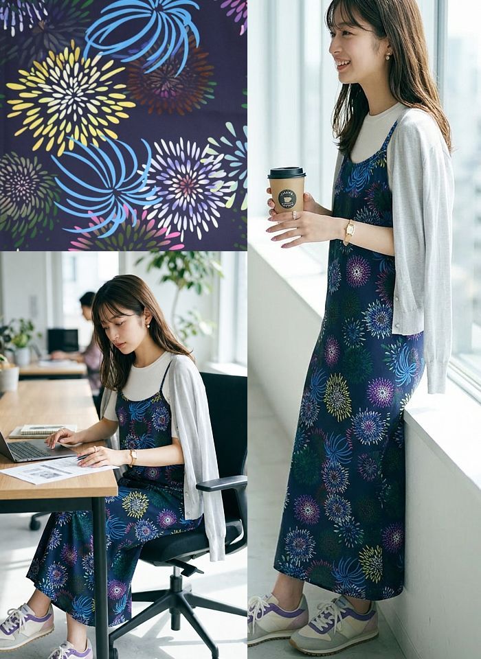 ★メガヒット商品！2026年販売開始！ 【L】彩り花火 簡単！1人で着れる ワンピース浴衣3点セット（ワンピース+上衣+兵児帯）浴衣 レディース 浴衣セット /大人ワンピース浴衣 大人 ワンピース浴衣 和服 和装 花火大会 夏祭り 盆踊り フリーサイズ