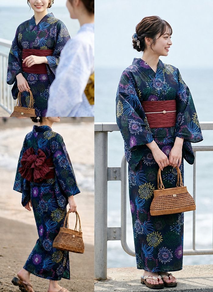 ★メガヒット商品！2026年販売開始！ 【L】彩り花火 簡単！1人で着れる ワンピース浴衣3点セット（ワンピース+上衣+兵児帯）浴衣 レディース 浴衣セット /大人ワンピース浴衣 大人 ワンピース浴衣 和服 和装 花火大会 夏祭り 盆踊り フリーサイズ