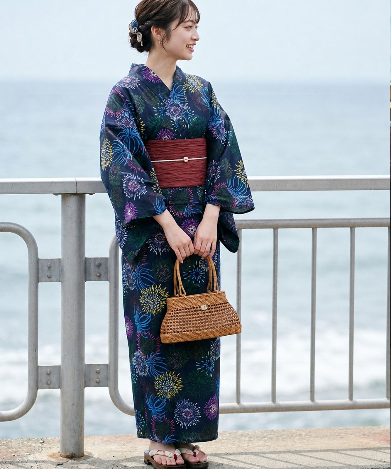 ★メガヒット商品！2026年販売開始！ 【L】彩り花火 簡単！1人で着れる ワンピース浴衣3点セット（ワンピース+上衣+兵児帯）浴衣 レディース 浴衣セット /大人ワンピース浴衣 大人 ワンピース浴衣 和服 和装 花火大会 夏祭り 盆踊り フリーサイズ