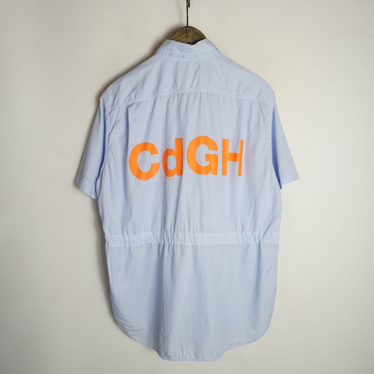 美品 19SS COMME des GARCONS HOMME コムデ ギャルソン CDGH ロゴ ストライプ 半袖 プルオーバー シャツ HC-B033 AD2018 サイズM 青1018P♪