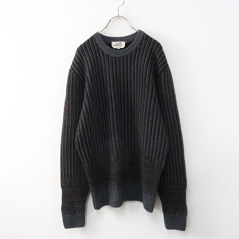 美品 最高級 エルメス HERMES「Rayures cryptees」ウールカシミヤクルーネックニット M グレーブラック┃//【2400014950397】