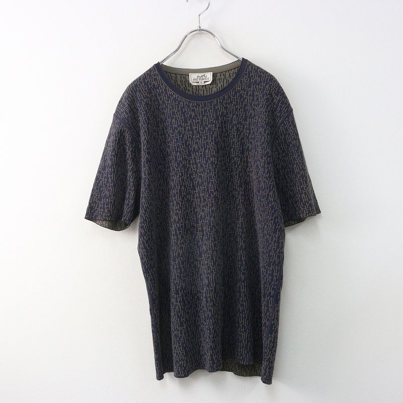 美品 メンズ エルメス HERMES H総柄ジャガード クルーネック ニット 半袖Tシャツ XL ネイビー┃//イタリア製 TEE 男性用【2400014950441】