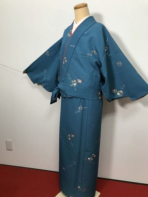 【中古】Lサイズ 小紋 化繊 青緑地に花丸模様 二部式