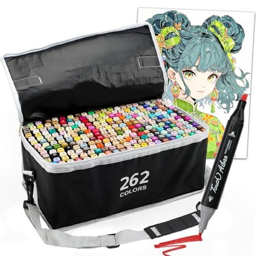 GHDOVP イラストマーカー 筆タイプ 262色マーカーペンセット 太細両端 油性 防水速乾 プロ愛用 キャリングケース付き ホビー 画材 手帳 DIY 塗り絵 色褪せしにくい 大人 子供 漫画家 コミック スケッチ 落書き お絵描きセット プレゼン shu