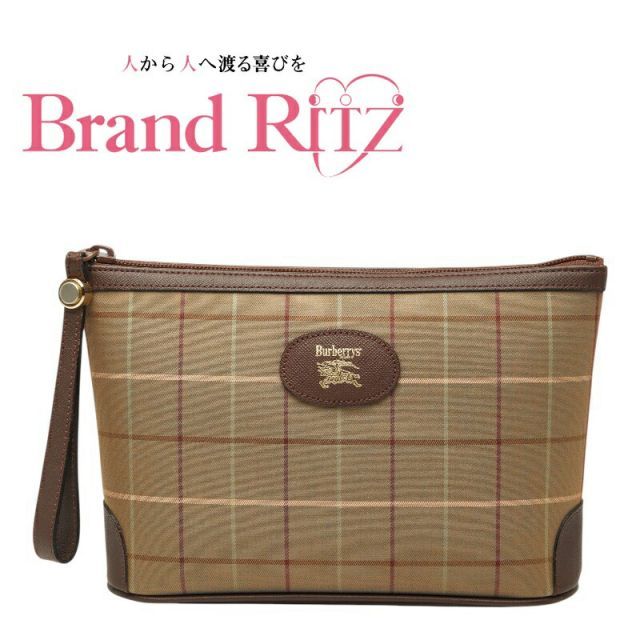 中古 バーバリー ポーチ カーキグリーン ブラウン キャンバス レザー レディース BURBERRY 【送料無料】【西神店】