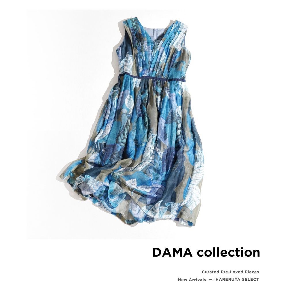 330t*美品 大きい 13 サイズ DAMA collection ダーマコレクション リネンシルク リーフプリント ノースリーブフレアワンピース 13AR XL ブルー