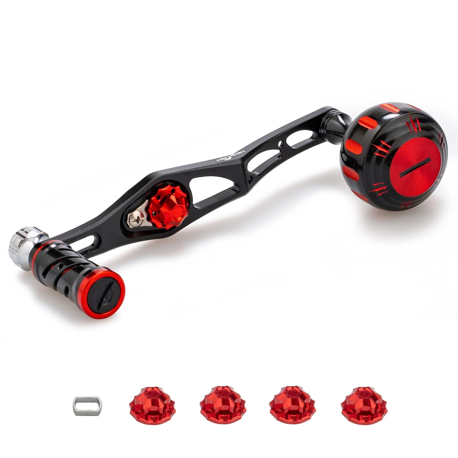 HEIGHTEN 改良型 70/45mm リール ハンドル シマノ(SHIMANO) ダイワ(DAIWA) アブ(Abu) ベイトリール 通用 V2.0 (ブラック/レッド(ノブ)＆ブラック(ハンドル)) (HT03302)AR