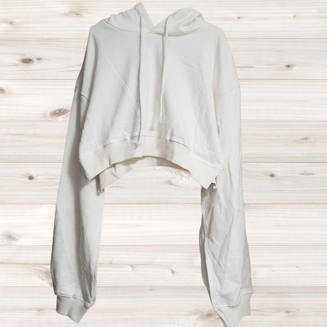 B1685 Dion DION Hoodie Long Sleeve Cotton Blend White/White Plain Simple Minimalistic Norm Core Wearable Short Length Cropped Street Hood