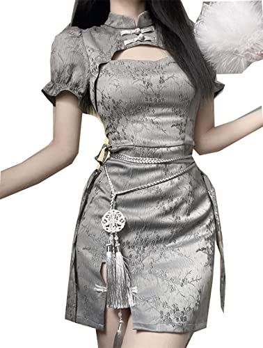 [CAWILXHA] 【ニャンコの爪】チャイナドレス セクシー コスプレ ロリータ服 ワンピース 黒い 白い コスチューム ドレス 可愛い かわいい 仮装 (M, グレー)/
