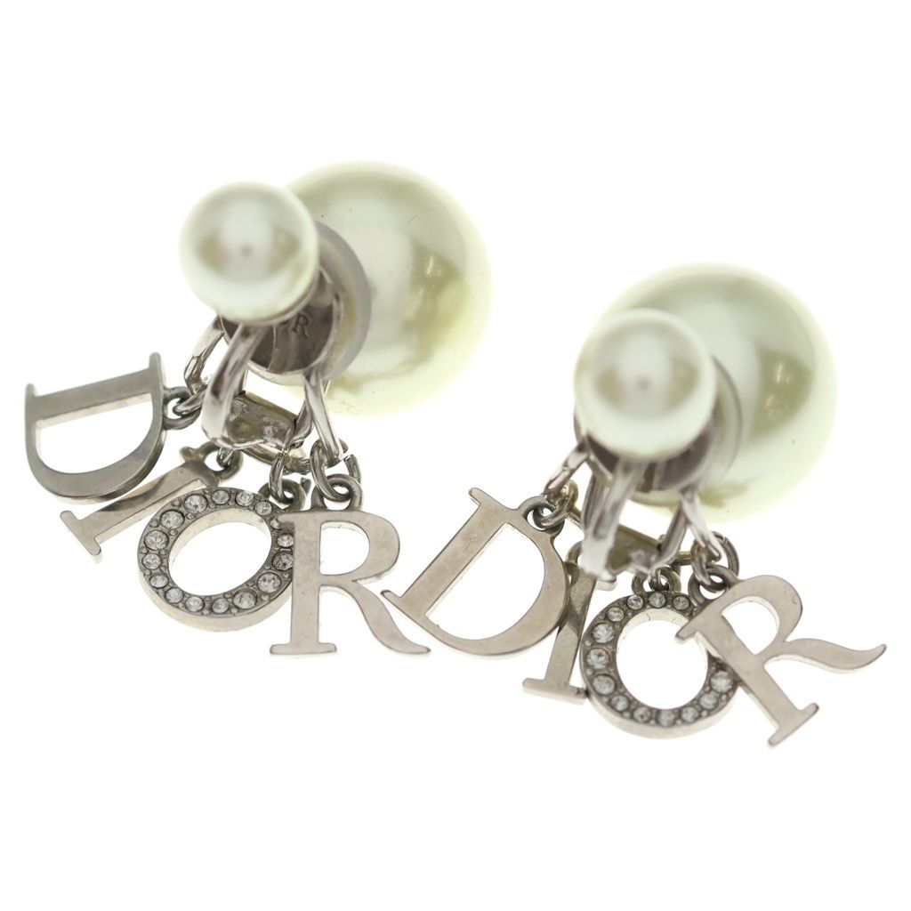 Christian Dior (クリスチャンディオール) CDトライバル ロゴ フェイクパール ラインストーン イヤリング シルバー