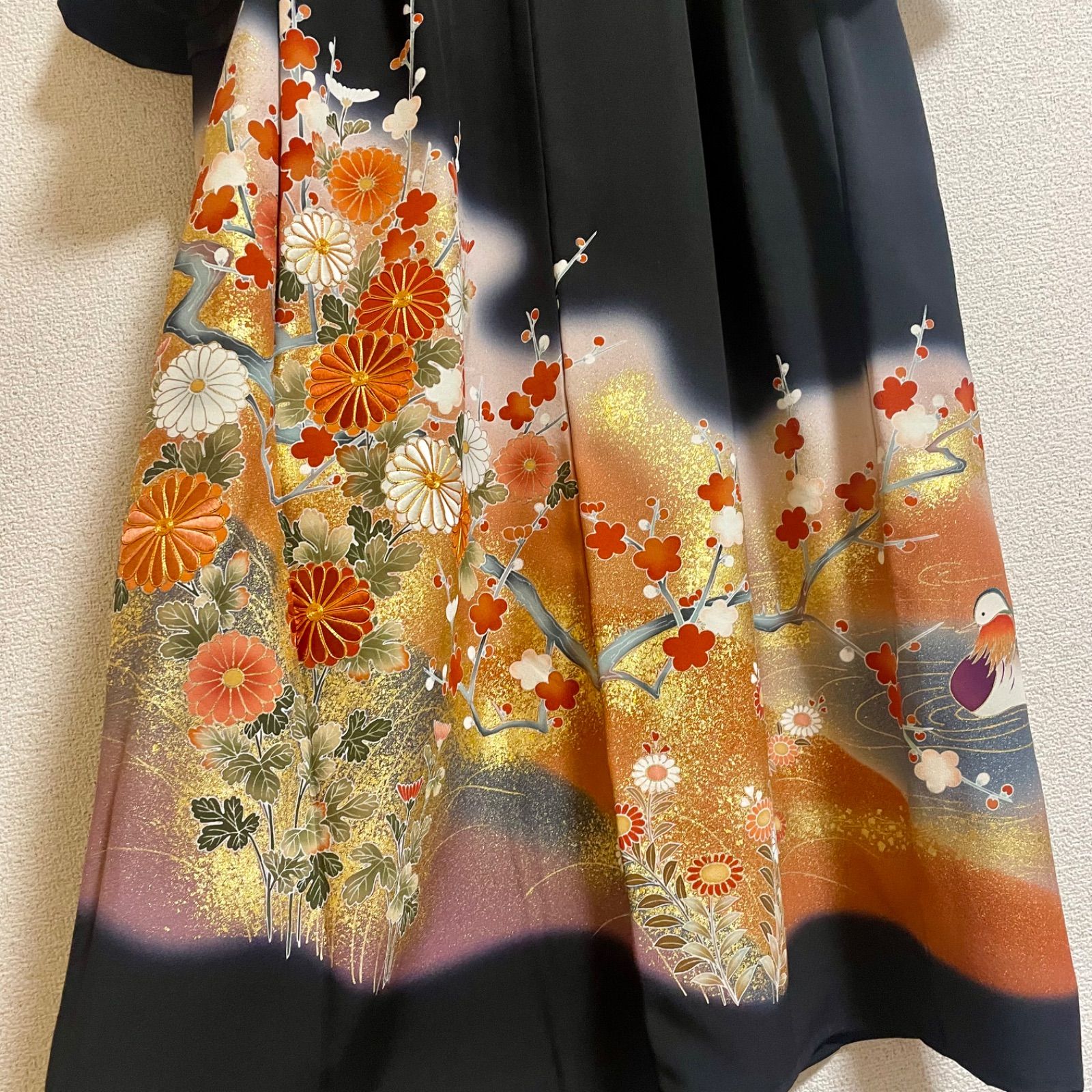 一点物 着物リメイク ロングワンピース ドレス 黒留袖 正絹 作家物