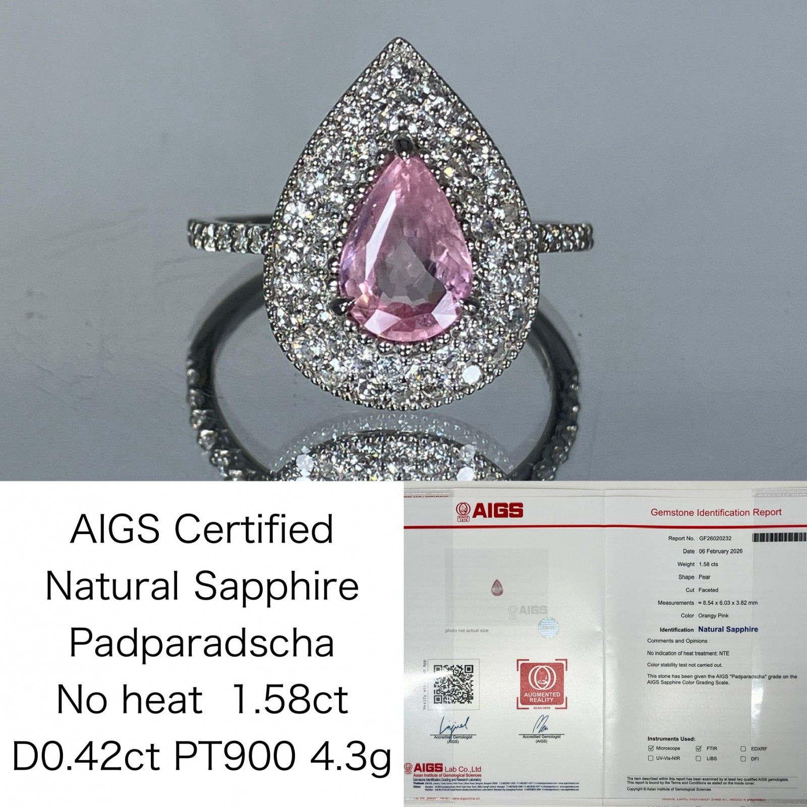サファイア 1.58ct パパラチャ Padparadscha 非加熱 No heat AIGS鑑別書 D0.42ct PT900 4.3g 指輪 （JP15号） サイズ直し無料 8580K