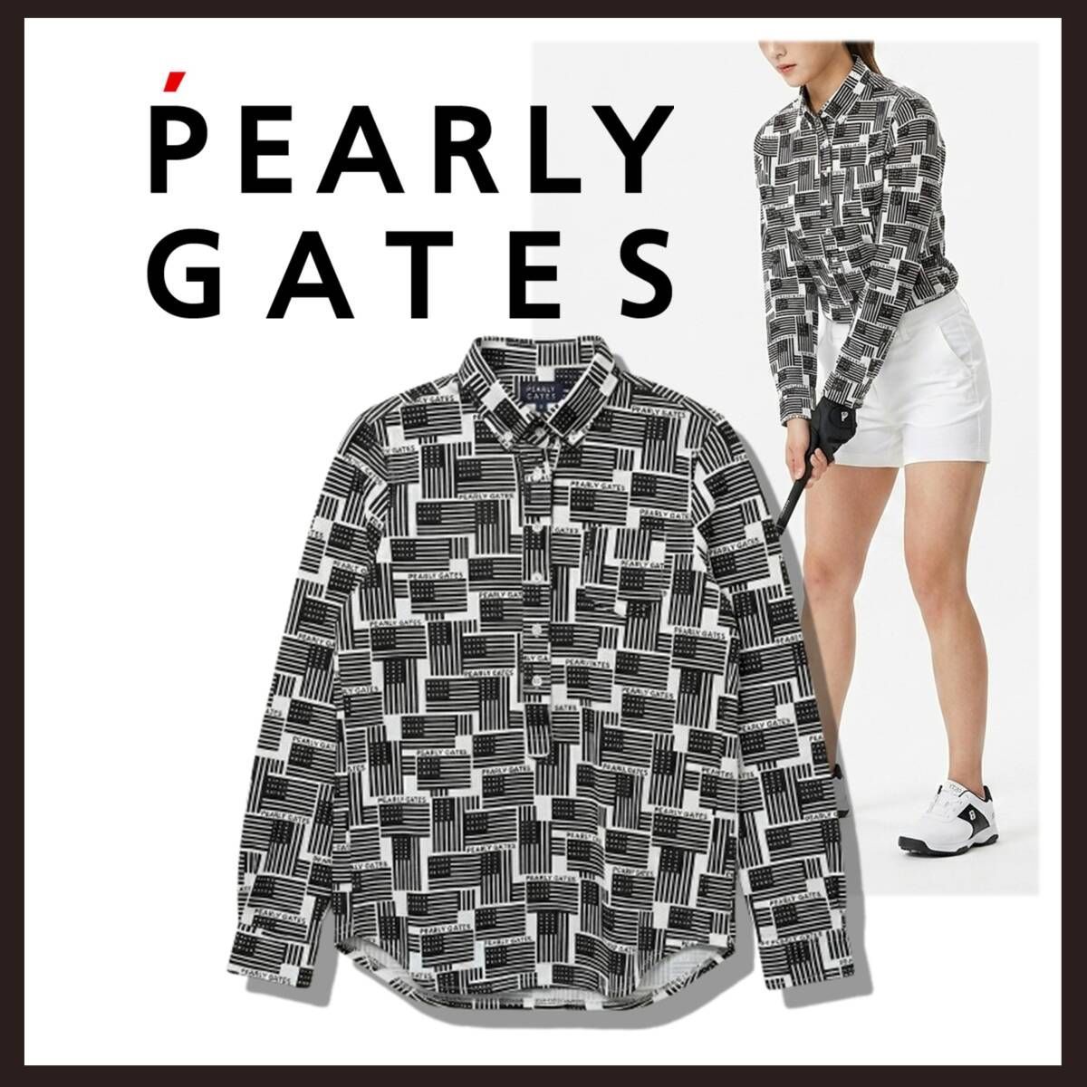 新品 未使用 PEARLY GATES（パーリーゲイツ） 星条旗柄 長袖ポロシャツ ホワイト×ブラック S 高機能サーモライト 日本製