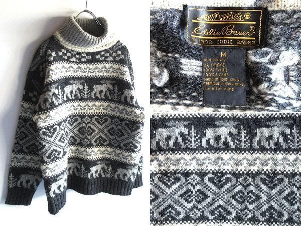 希少 90sビンテージ 黒タグ Eddie Bauer エディーバウアー フェイアアイル柄 ウール ローゲージ タートルネックニット M グレー エクリュ ヴィンテージ古着