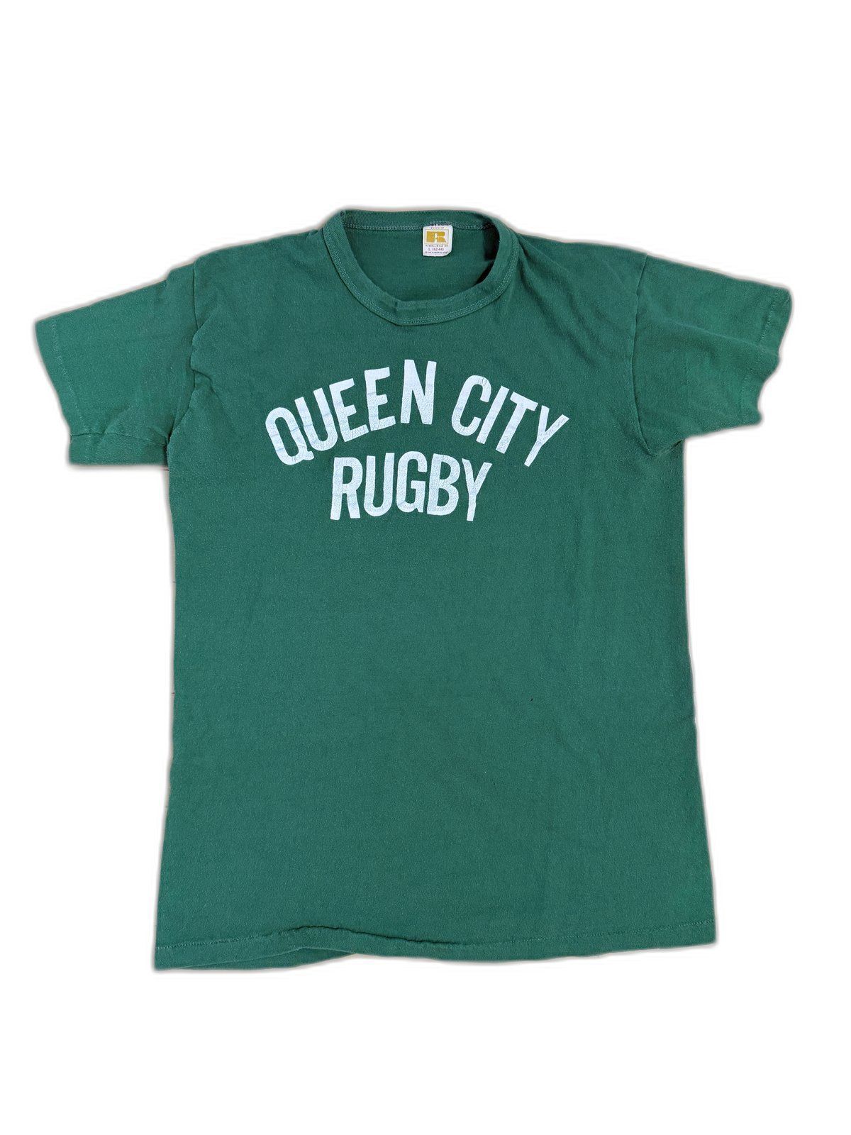 70s 金タグ Russell QUEEN CITY RUGBY Tシャツ L 緑 古着