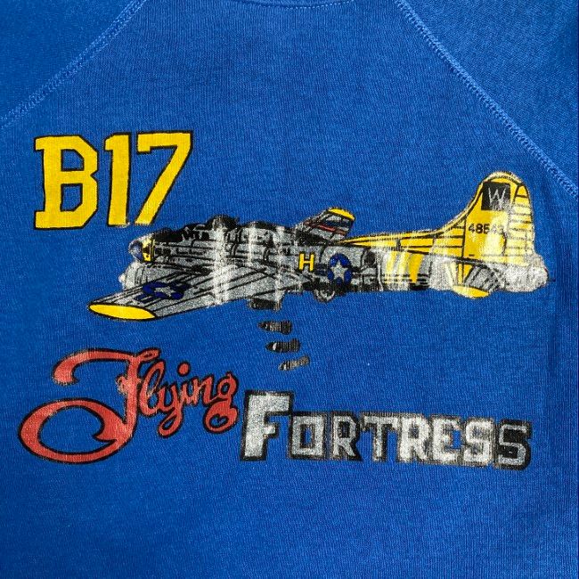 【中古】　PANNILL　スウェット　70s-80s vintage　70年代-80年代　長袖　トレーナー　裏起毛　ラグラン　クルーネック　B17　Flying Fortress　航空機　プリント　USA製　古着　/1591