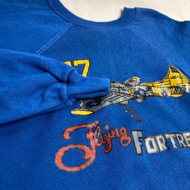 【中古】　PANNILL　スウェット　70s-80s vintage　70年代-80年代　長袖　トレーナー　裏起毛　ラグラン　クルーネック　B17　Flying Fortress　航空機　プリント　USA製　古着　/1591
