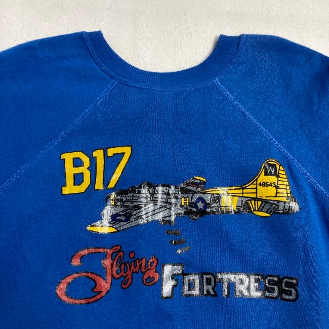 【中古】　PANNILL　スウェット　70s-80s vintage　70年代-80年代　長袖　トレーナー　裏起毛　ラグラン　クルーネック　B17　Flying Fortress　航空機　プリント　USA製　古着　/1591